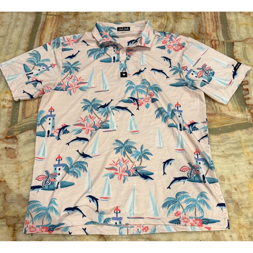 Bad Birdie Mens‎ Golf Polo Shirt Light Pink Tropical Palm Trees Short Sleeve XL